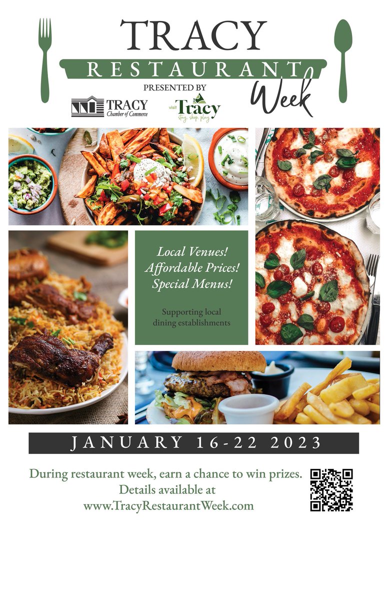 VisitTracy's tweet photo. Please follow our page for updates on participating Tracy Restaurant Week restaurants and specials. Share with your friends and ask them to follow as well!
Tracy Restaurant Week is happening Monday, 1/16 - Sunday, 1/22. https://t.co/RPyl8mfj8J