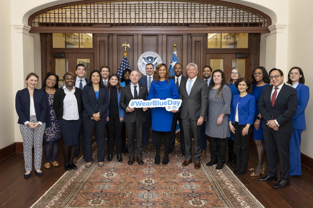DHSgov's tweet photo. It's not too late to join DHS and the @DHSBlueCampaign for #WearBlueDay!

@SecMayorkas, @DepSecTien, and the DHS Office of Public Engagement have their blue on to bring awareness to the fight to #EndTrafficking.

Join us:  https://t.co/NkqwOYe2EU https://t.co/pwv9wyK3yg