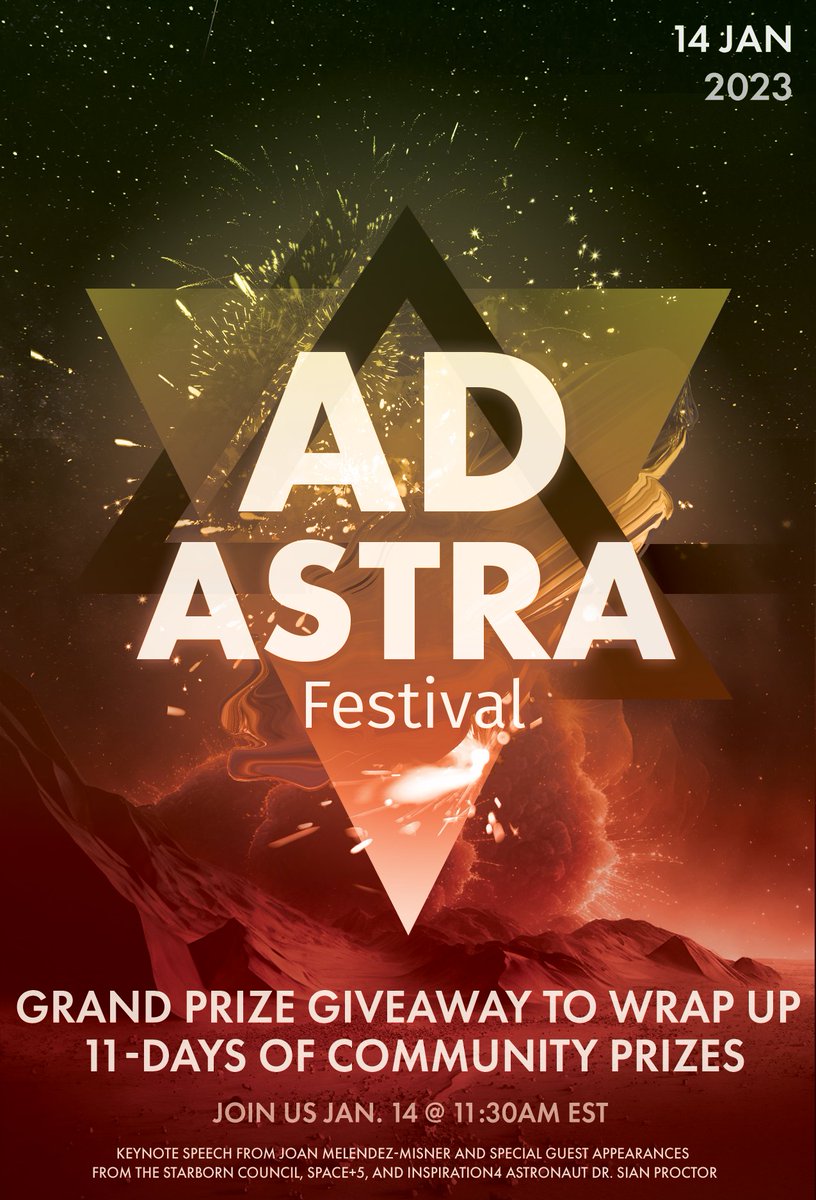 Space+ 🚀 (@_space_plus) on Twitter photo Ad Astra ends this Sat, Jan. 14 @ 11:30am with a giveaway in the metaverse for the BIGGEST prize of the Festival!
We are honored to have <a href="/YourFemaleEng/">Joan Marie| Space Engineer🚀</a> join us as a keynote speaker to talk about the <a href="/NASA/">NASA</a> #DART mission 🚀
RSVP now (50 spots available):
premint.xyz/AdAstraFestiva… Ad Astra ends this Sat, Jan. 14 @ 11:30am with a giveaway in the metaverse for the BIGGEST prize of the Festival!
We are honored to have <a href="/YourFemaleEng/">Joan Marie| Space Engineer🚀</a> join us as a keynote speaker to talk about the <a href="/NASA/">NASA</a> #DART mission 🚀
RSVP now (50 spots available):
premint.xyz/AdAstraFestiva…