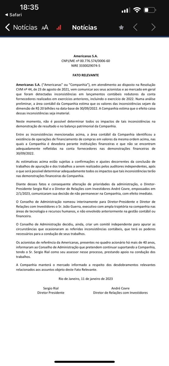 vowtz's tweet photo. Aparentemente, a Lojas Americanas deixou passarem desapercebidos R$ 20 bilhões em dívida nas demonstrações financeiras.

Nada demais. Só o valor de mercado da Lojas Renner.

De quebra, o Sergio Rial (CEO) resignou.

Ano novo, nova IRB. https://t.co/8xU1BQ0qyv
