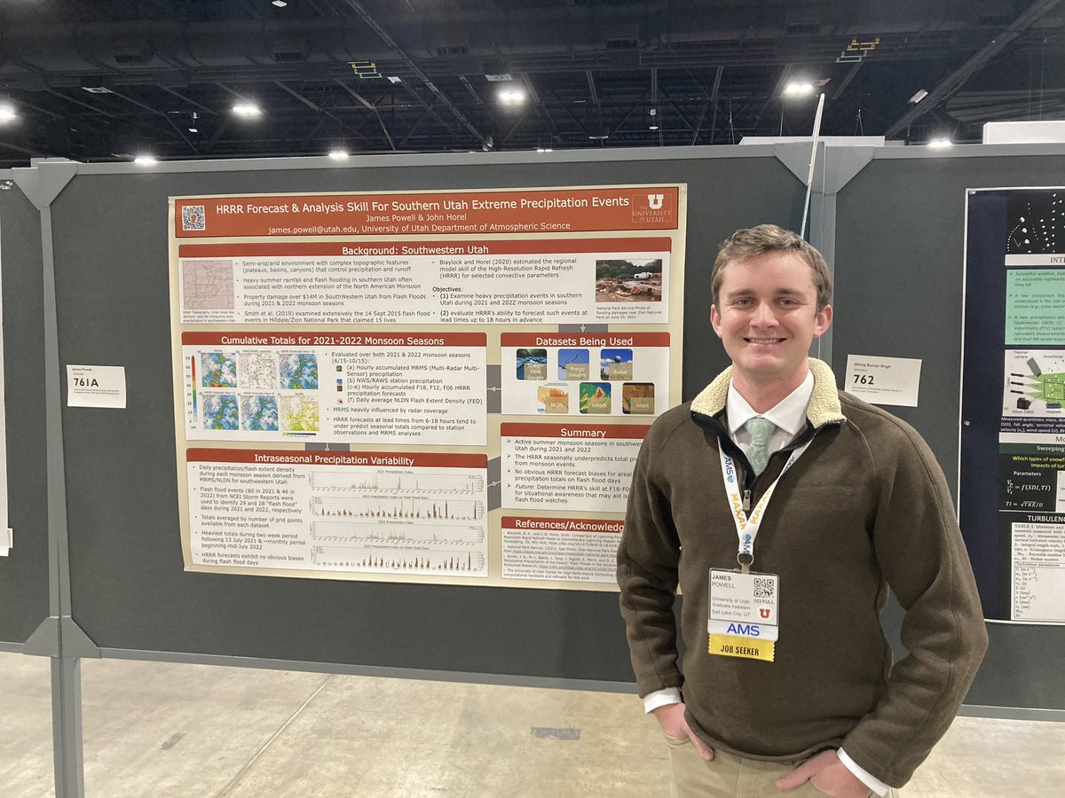 JamesPo41986008's tweet photo. Come check out my poster 5-6:30 tonight in the exhibit hall poster 761 about forecasting extreme monsoonal precipitation that leads to flash floods here at AMS Denver #ams2023 #monsoon #HRRR https://t.co/UaFzpfkeJl