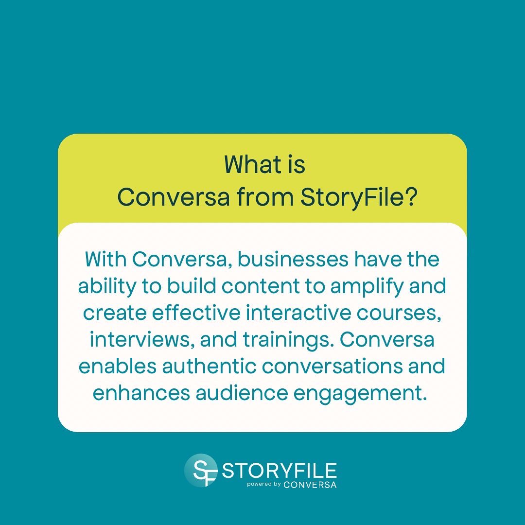 StoryFile's tweet image. Conversa is the next step in the online video revolution. To learn more and request a free demo visit StoryFile.com 🔍 
#StoryFile #ConversationalVideo #ConversationalAI #AI #ConversafromStoryFile #SaaS
