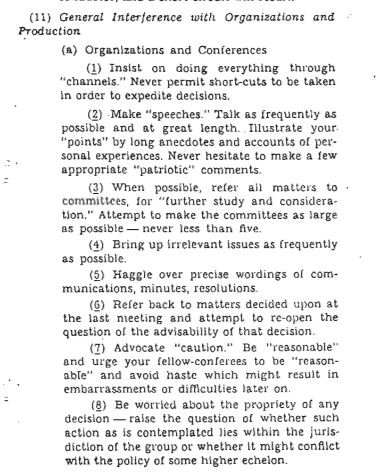 Allied Office of Strategic Services releases 'Simple Sabotage' manual, to help anti-Nazi workers in occupied Europe lower productivity with office politics. Tips include 'When possible, refer all matters to committees, for further study and consideration'.