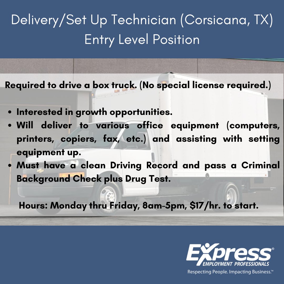 ExpressProsWaco's tweet photo. Looking to grow in your career this new year? 
An Office Equipment Sales and Service type company located in Corsicana, TX is searching for an entry-level Delivery/Set-Up Technician.
Click the link below to apply!!!
https://t.co/YMNkHqBqY4
#ExpressPros #waco #nowhiring https://t.co/4q8wuOZ1Ve