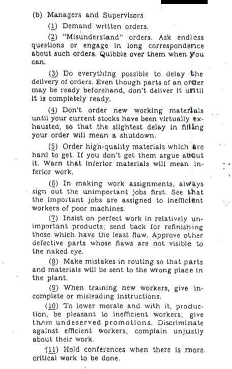 RealTimeWWII's tweet photo. For anti-fascist managers who want to sabotage Nazi-controlled factories: "Hold conferences when there is more critical work to be done… Don't order new materials until your current stocks have been exhausted… Be pleasant to inefficient workers, give them undeserved promotions" https://t.co/6VOK2r6f9M