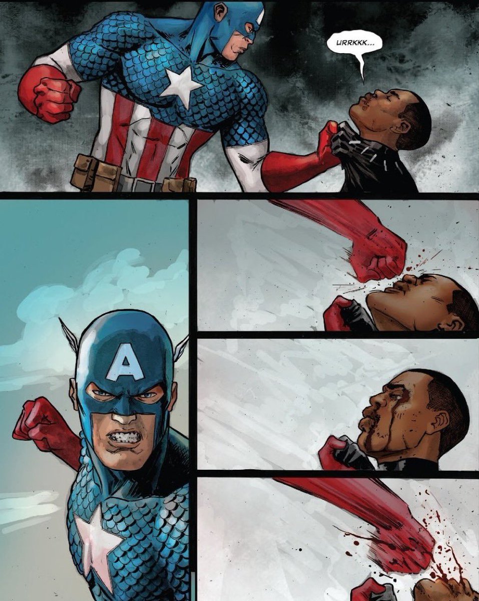 Slavery writer JohnRidley & absentee @Marvel editor @Wil_Moss allowed a shield thrown by #CaptainAmerica to bring down a WAKANDAN airship so that Cap (or Steven as T'Challa out of character-ly refers to him) could beat his face in w/ all of racist hatred a white man could muster