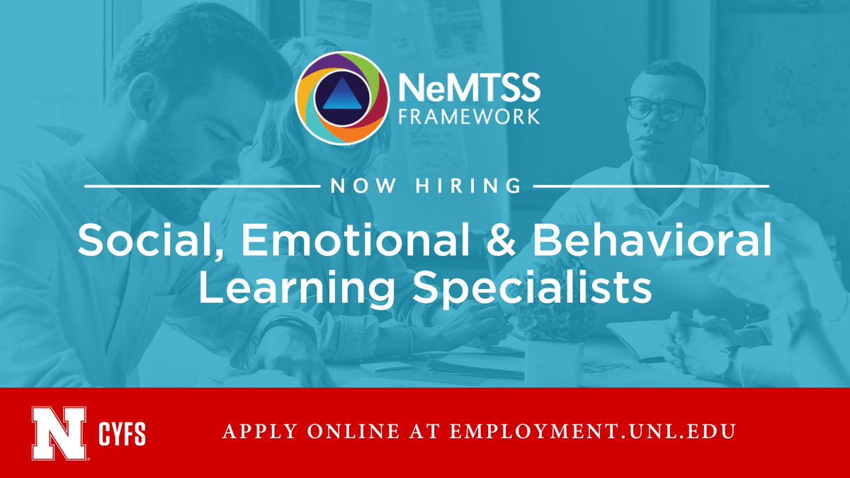 #NowHiring: #NeMTSS and @UNL_CYFS are looking statewide for two Social, Emotional and Behavioral Learning (SEBL) Specialists to support work within the Nebraska State Personnel Development Grant. Please share this opportunity with your networks! employment.unl.edu/postings/83819 #NEJobs