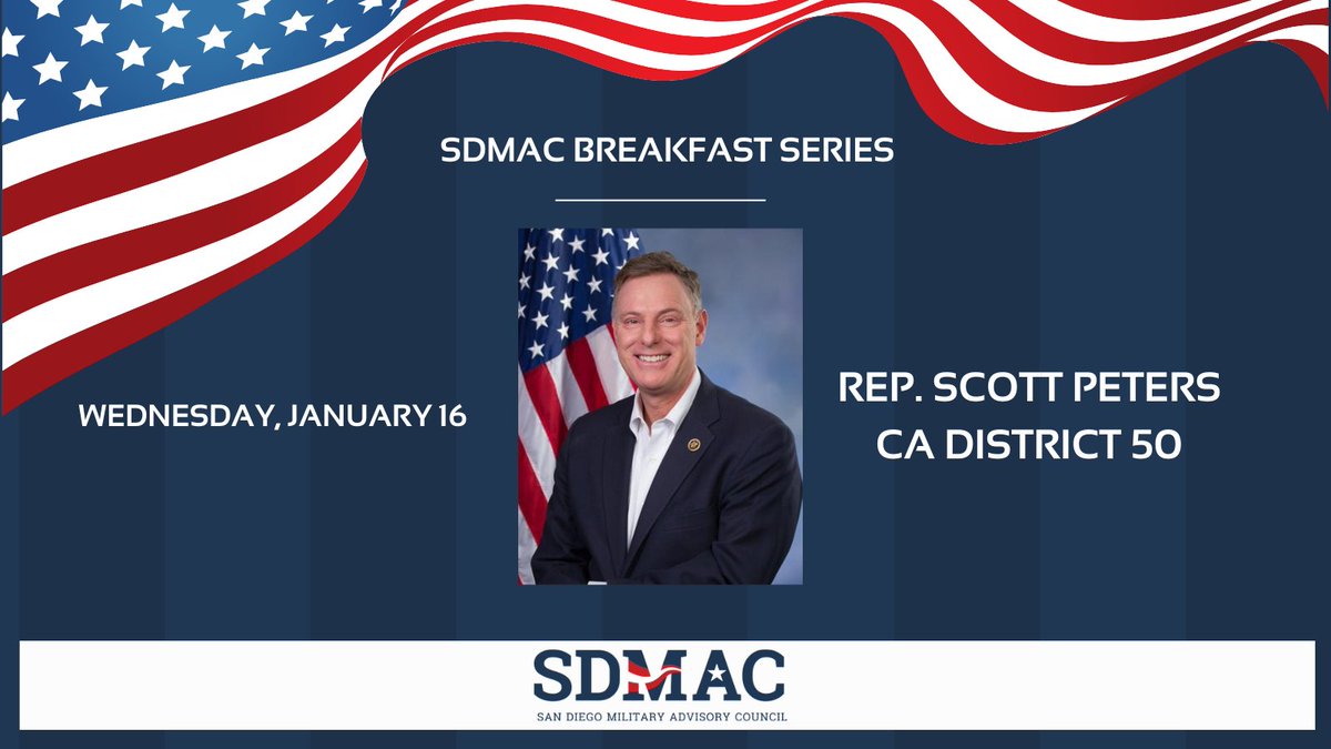 Sdmac_Official's tweet photo. Join #SDMAC for our monthly #Breakfast featuring @RepScottPeters (CA-50) for a Congressional Update.
Also, hear from CDR Greg Geisen (Ret.) Program Manager of the #NAVWAR #Revitalization.
Don't miss out, register here >>> https://t.co/RoomJhFJhX https://t.co/igzfMYNfGN