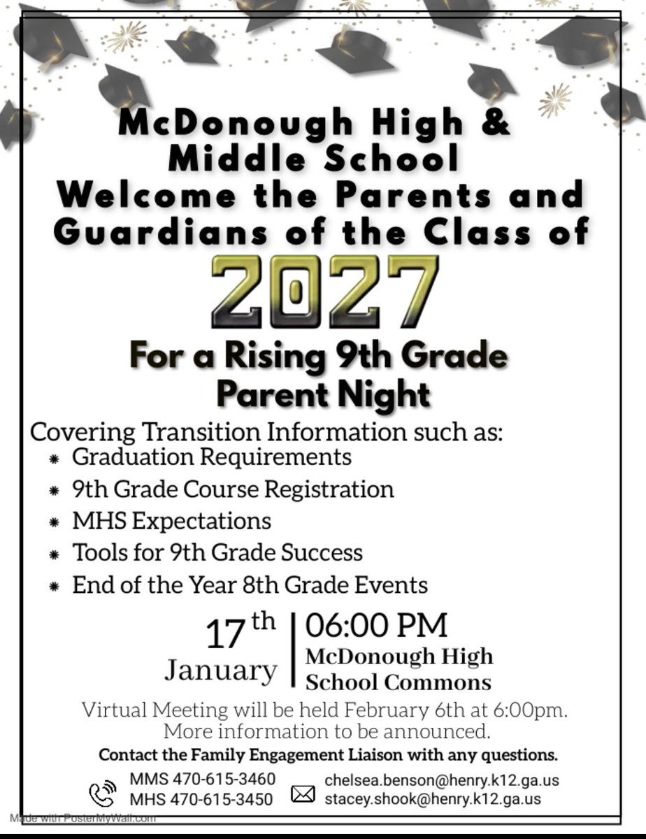 Tony Harris (@mhsgradcoach221) on Twitter photo Parents of current MMS 8th graders, please join us in the MHS Commons on January 17th for our Rising 9th Grade Parent Night. <a href="/MHS_WarHawks/">McDonough High School</a> <a href="/PrincipalBGame/">Monica Blasingame</a> @Momma_Shook <a href="/MMSparentTITLE1/">Chelsea Benson</a> Parents of current MMS 8th graders, please join us in the MHS Commons on January 17th for our Rising 9th Grade Parent Night. <a href="/MHS_WarHawks/">McDonough High School</a> <a href="/PrincipalBGame/">Monica Blasingame</a> @Momma_Shook <a href="/MMSparentTITLE1/">Chelsea Benson</a>