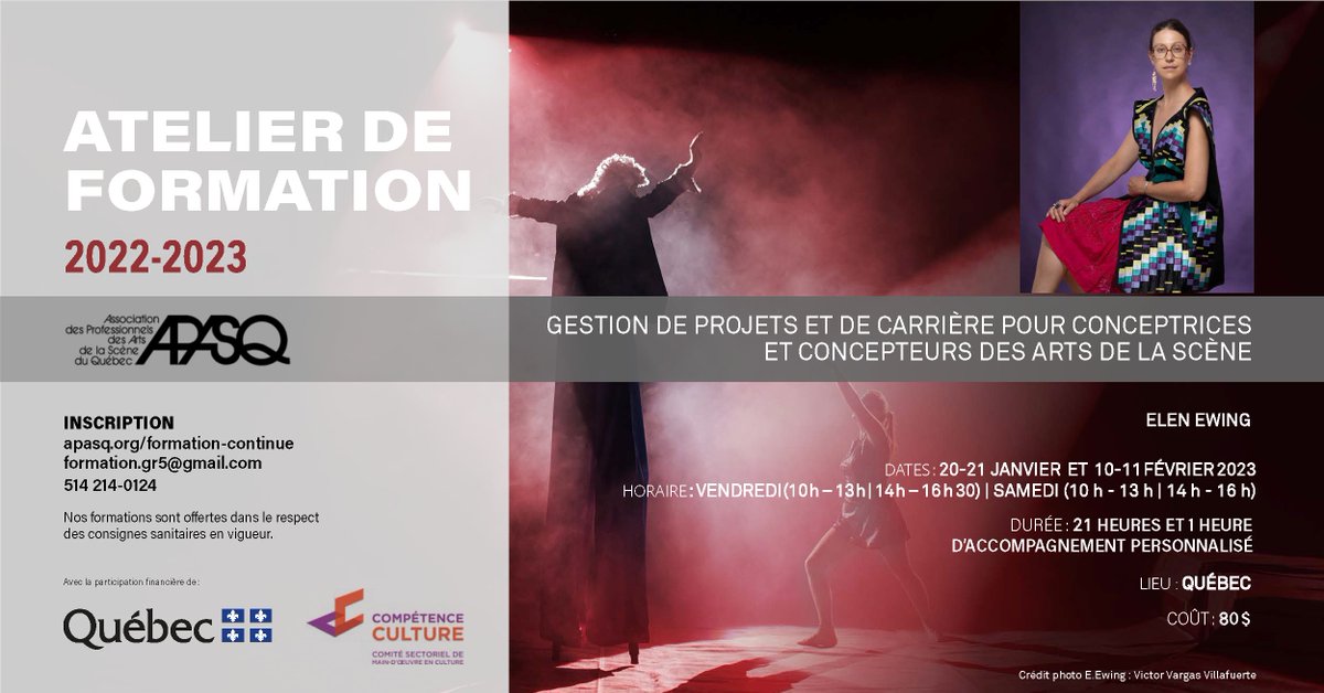 APASQ_scene's tweet photo. | Formation |Elen Ewing, (costumes, décors et accessoires) donne une formation en gestion de projets et de carrière pour les personnes conceptrices #Artsdelascène 
#concepteur #conceptrice #artsvivants 
Tous les détails 👉 https://t.co/4NxTdZHPKf https://t.co/Vzgs8GOtR0