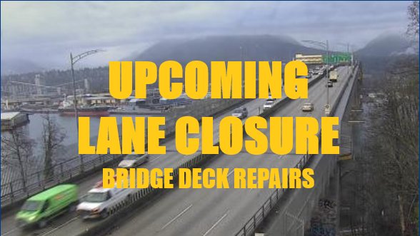 MillerCapilano4's tweet image. ⚠️LANE CLOSURE TONIGHT⚠️
#BCHwy1 -Bridge deck maintenance on the #IronWorkers Bridge will continue tonight Jan 11th from 9PM-5AM 
SB center &amp;amp; left lanes will be closed

Please watch for crews &amp;amp; be prepared to slow down
@DriveBC @TranBC @AM730Traffic