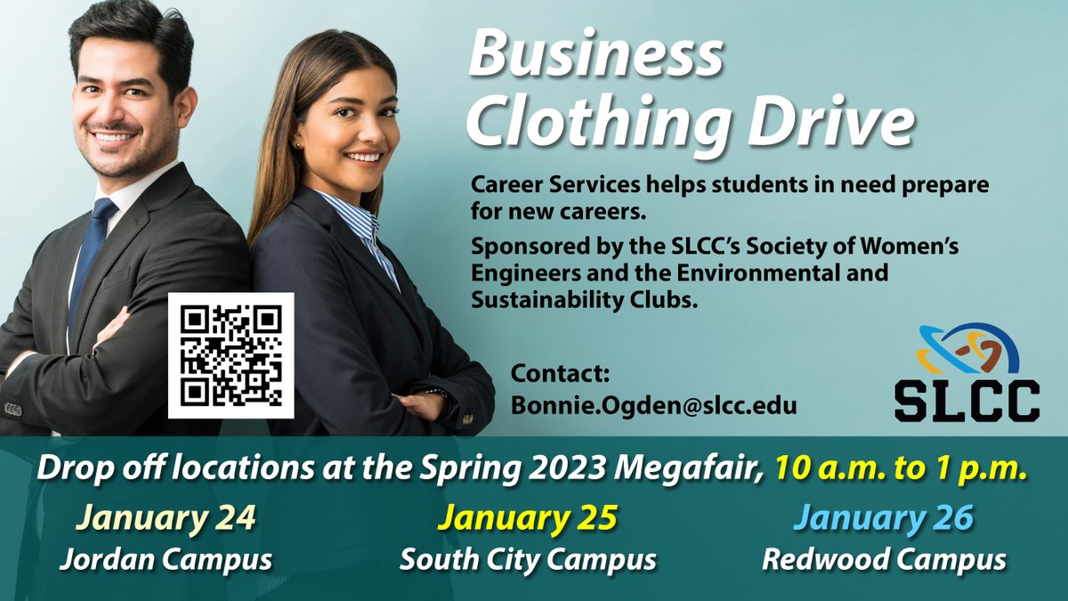 SaltLakeCC's tweet photo. SLCC Career Services is collecting gently used business clothing for students in need. Items can be dropped off at MegaFair locations January 24 - 26. https://t.co/vYG5VpOCDk https://t.co/kPuHxLsEjd
