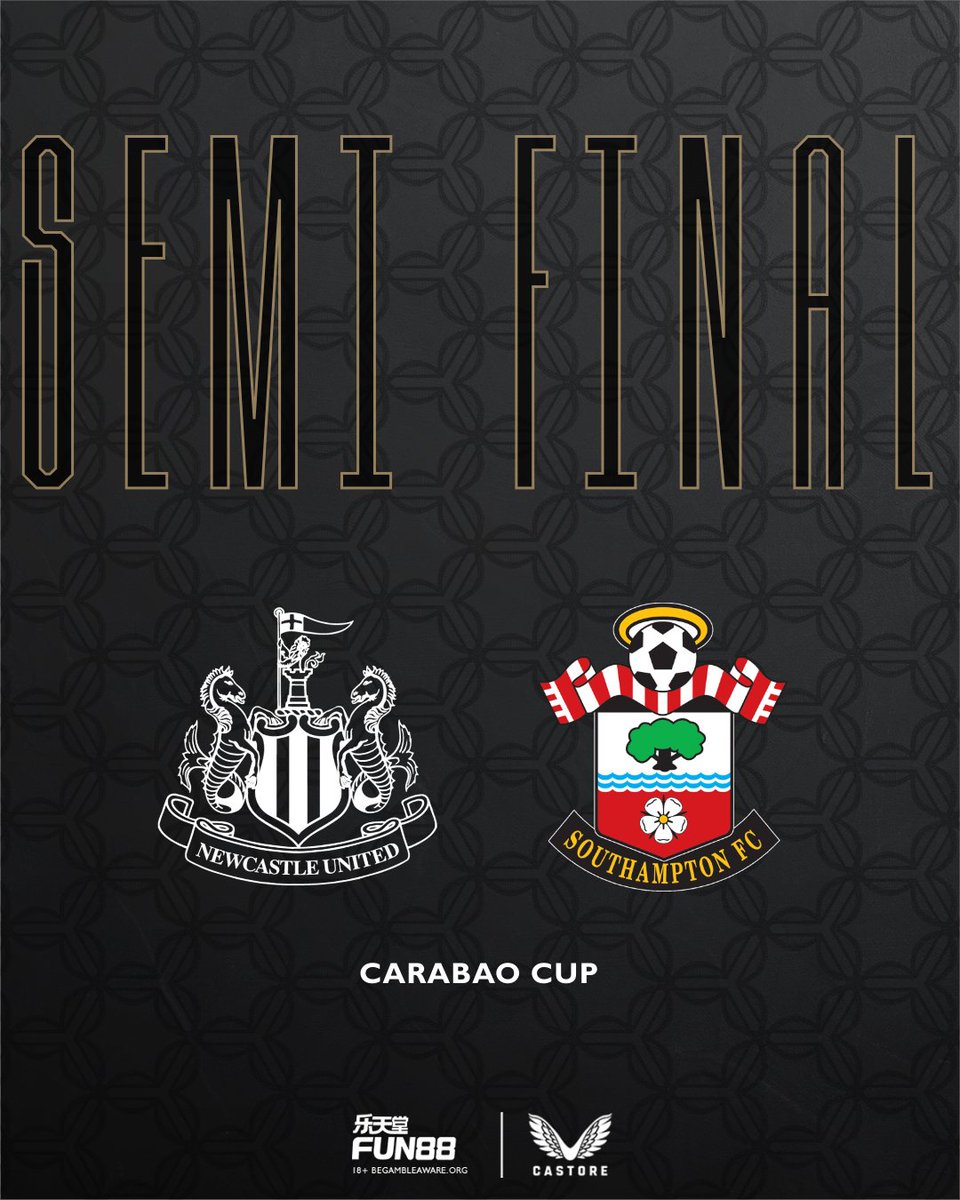 NUFC's tweet photo. 🏆 #NUFC will face Southampton in the semi final of the Carabao Cup.

We will be away from home in the first leg.

⚫️⚪️ https://t.co/RukChuYvhZ