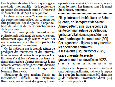 Selon une étude de la professeure en gestion des services de santé à l'Université de Moncton, Claire Johnson, l'accès à la pilule abortive reste très difficile au N.-B. en raison des valeurs conservatrices des profesionnel·les de la santé.