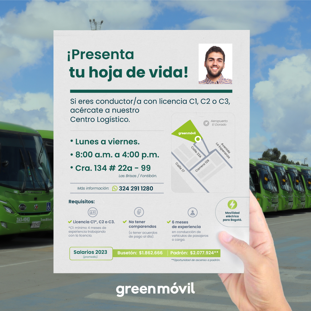Acércate con tu hoja de vida a la carrera 134 # 22a - 99 y anímate a ser parte del equipo que transforma el transporte de nuestra ciudad.

#TrabajoSiHay