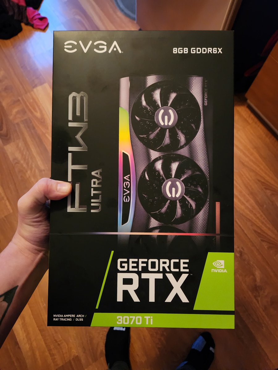 DMaxor1991's tweet image. So stoked right now. My 3070ti came in. Was a bitch to find one but @TEAMEVGA 4 life let's gooooo. I also got it at 10 percent less then market price. Pog. #computerbuild