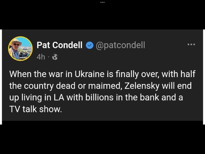Когда война в Украине закончится и половина страны будет убита или искалечена , Зеленский будет жить в Лос- Анжелесе  с миллионами в банке и вести ток-шоу на ТВ . 