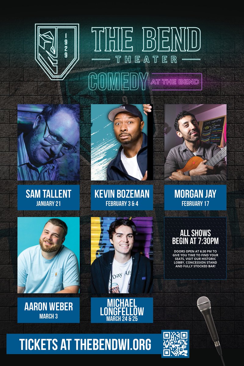Laugh your head off at The Bend with these upcoming shows!

Hilarious antics from Sam Tallent, Kevin Bozeman, Morgan Jay, Aaron Weber and Michael Longfellow!

Get your seats to these amazing shows at thebendwi.org

#comedy #laughter #datenight
