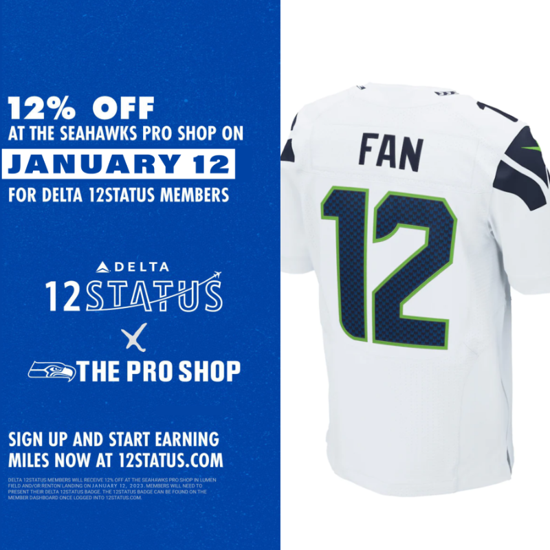 SeahawksProShop's tweet photo. Gear up for playoffs with your @Delta 12Status discount🚨 Members get 12% off in-store at The Pro Shop every 12th of the month during the Seahawks season- and tomorrow is January 12th! 

Not a member? Sign up now and enjoy all the 12Status perks.