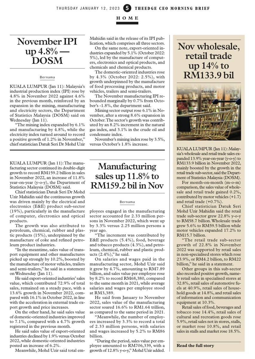 DOSM_Pahang's tweet photo. Keratan Akhbar 12 Jan 2023 @theedgemalaysia #CEOMorningBrief

📍#IndeksPengeluaranPerindustrian ⬆️ 4.8% YoY

📍Nilai Jualan Perdagangan #Borong &amp; #Runcit ⬆️ 13.9%

📍Nilai Jualan ⬆️#Pembuatan ⬆️ 11.8% YoY

@StatsMalaysia 
#DOSMPahang 
#Pahang
#PetunjukEkonomi https://t.co/6hOTJjtuy0