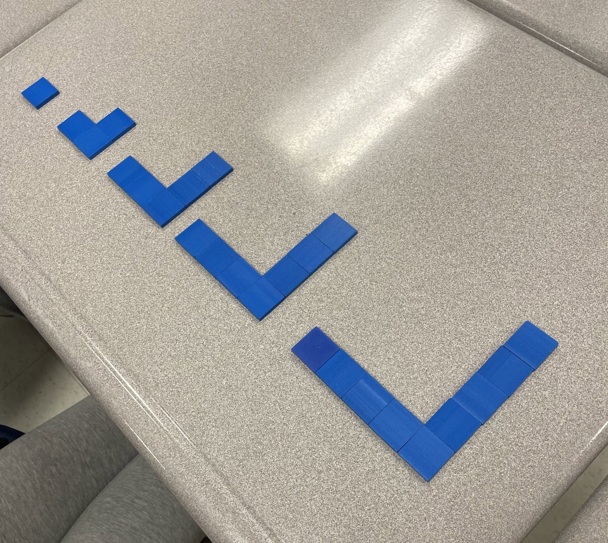 MrsFleetsTweets's tweet photo. We have started our patterning unit in math. Today, students were asked to make a pattern with tiles and describe the pattern rule. We had examples of growing patterns, shrinking patterns, and repeating patterns. @PAF_ps @HDSBMath https://t.co/6xXwqZsPg4