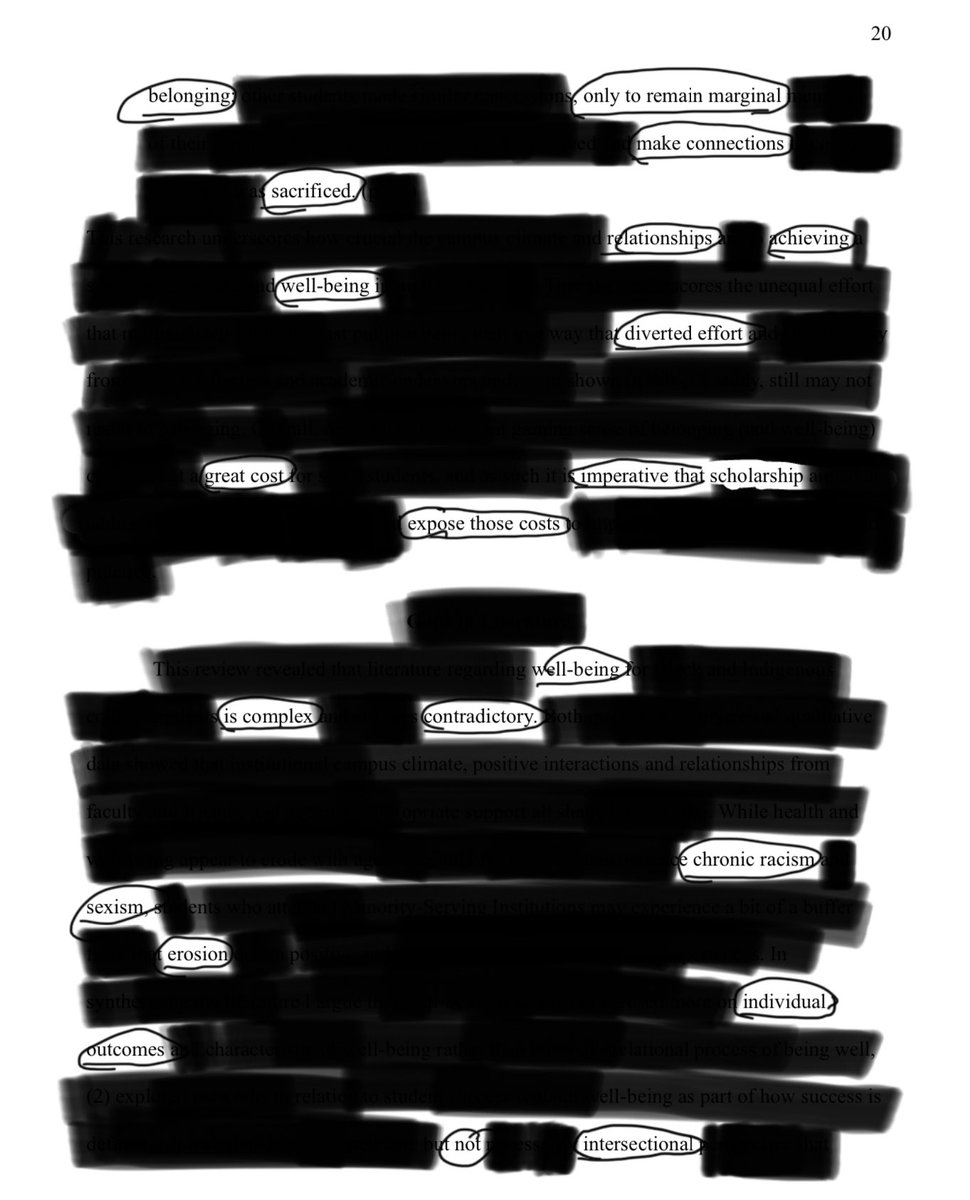 ScholarParis's tweet image. #WritingBlackness Day 11. Took a random page of my dissertation and made a blackout poem by reading and stringing isolated words together and blacking out the rest. Turns out there is wisdom and poetry underneath it all. Great way to see writing with new perspective. #phdlife #