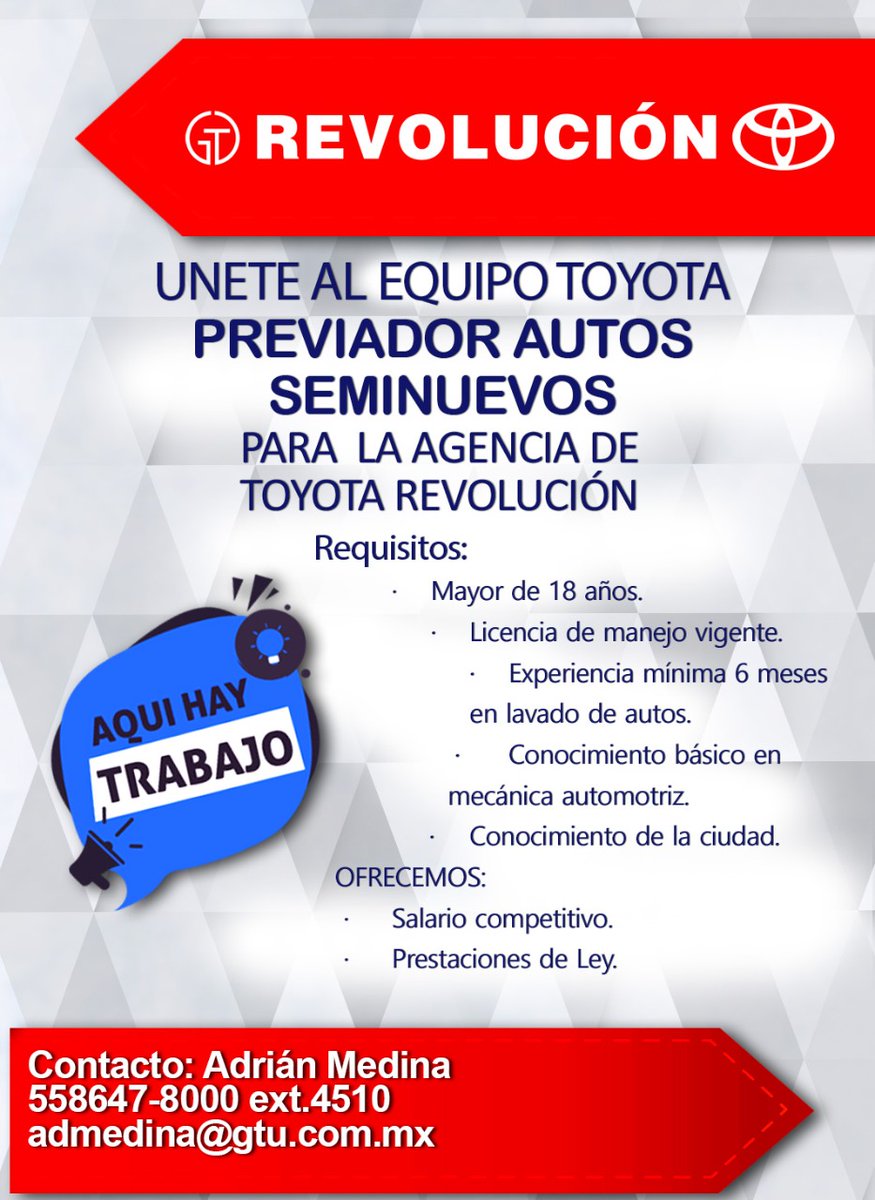 Toyota_Rev's tweet photo. ¿Buscas empleo?
Estamos en busca de tu talento, mándanos tu CV 👉admedina@gtu.com.mx
 ¡EXITO!
#ToyotaRevolucion  #SomosToyota https://t.co/mZKDDJ9dPm