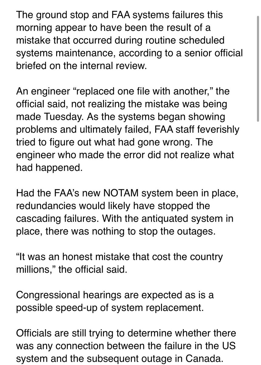Sam Sweeney (@sweeneyabc) on Twitter photo BREAKING: This morning’s catastrophic FAA computer failure was likely caused by a mistake made during routine maintenance. An engineer “replaced one file with another,” not realizing the mistake was being made. <a href="/JoshMargolin/">Josh Margolin</a> BREAKING: This morning’s catastrophic FAA computer failure was likely caused by a mistake made during routine maintenance. An engineer “replaced one file with another,” not realizing the mistake was being made. <a href="/JoshMargolin/">Josh Margolin</a>