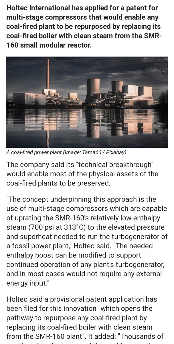 JesseJenkins's tweet photo. Holtec claims it has designed a small modular reactor to repurpose
"any" coal-fired power plant. Key innovation: multi-stage compressors to upgrade lower temperature &amp; pressure steam from the reactor for use in a coal plant's turbo generators. Intriguing! https://t.co/tDMZjeRxBN https://t.co/Tlfhbk6jpZ