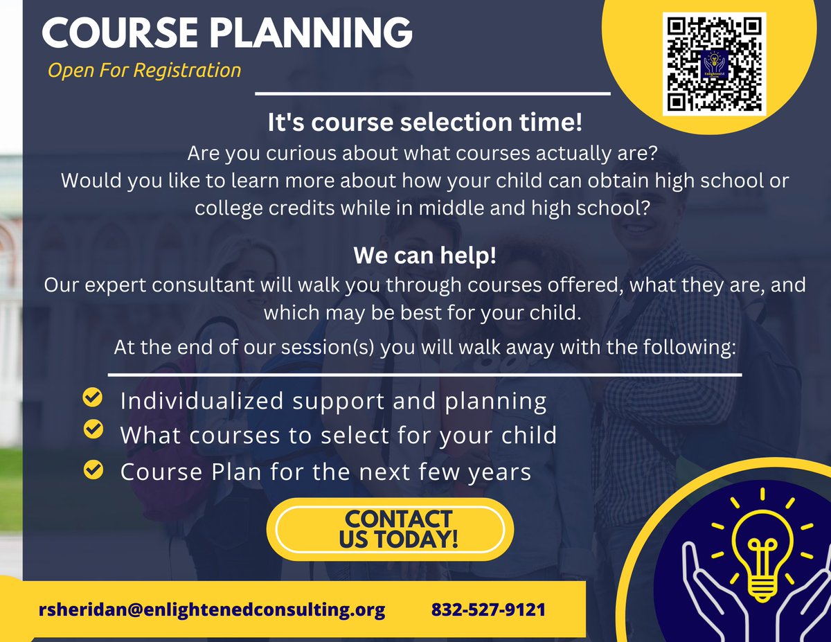 EnlightenEdCon6's tweet image. It&apos;s time 2 choose courses for middle &amp;amp; high schoolers. This can be nerve wracking for everyone.  If you would like individual support from an expert on how to choose classes that are right for your child, contact us today! #courseplanning 
@Sheridan_CBS
 #future @Diverse_Edu