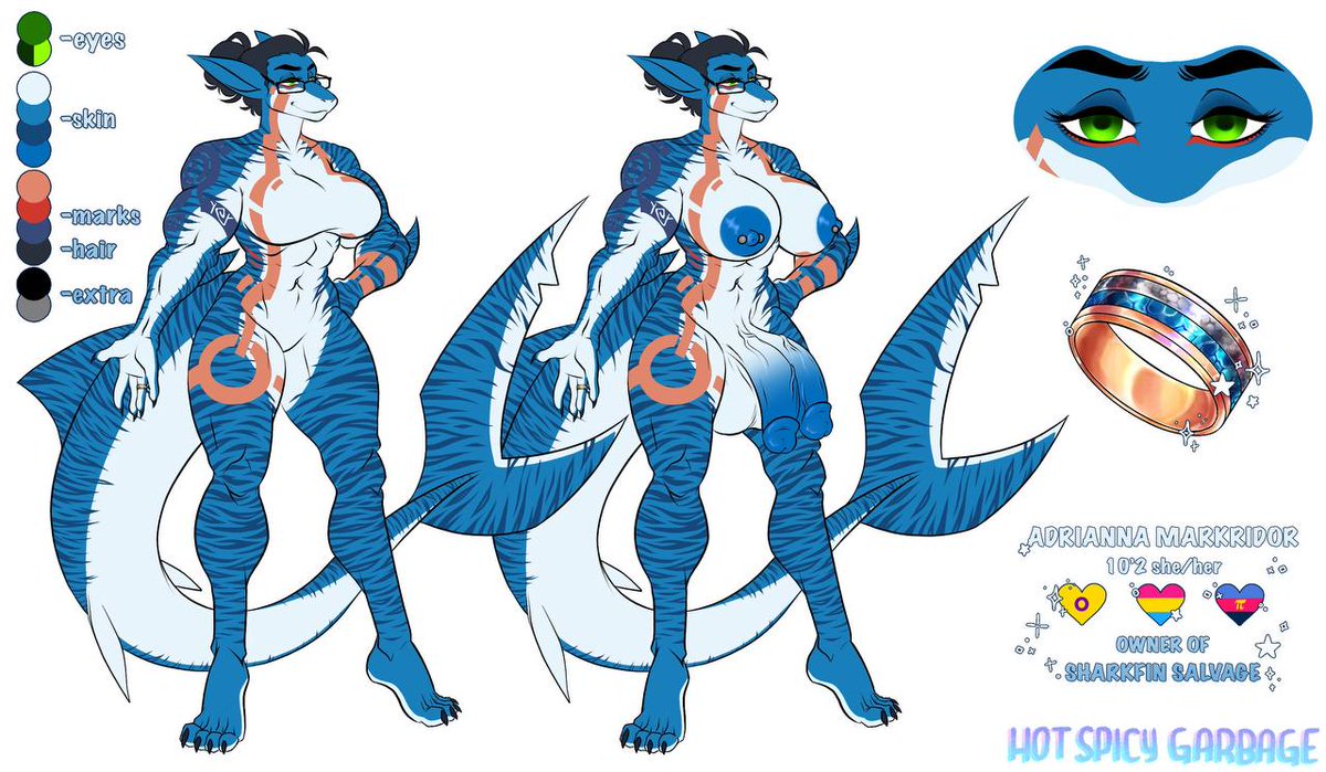 shark_adrianna's tweet photo. Here it is. The biggest ref sheet I've ever gotten, with quite a few extras thrown in. All courtesy of the work put in by @HotSpicyGarbage and with help from @keggydoodles. What comes with this reveal. An AMA for Adrianna. Ask whatever you want about her and I will answer!!! https://t.co/ZkpxylLpQy