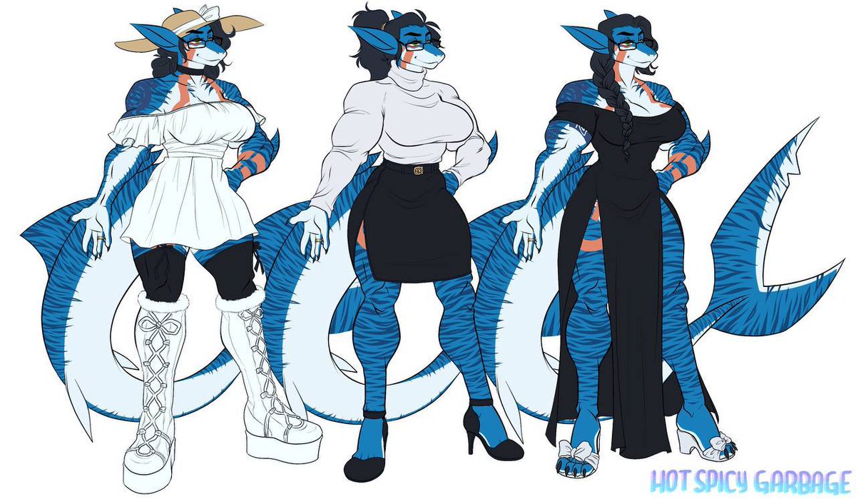 shark_adrianna's tweet photo. Here it is. The biggest ref sheet I've ever gotten, with quite a few extras thrown in. All courtesy of the work put in by @HotSpicyGarbage and with help from @keggydoodles. What comes with this reveal. An AMA for Adrianna. Ask whatever you want about her and I will answer!!! https://t.co/ZkpxylLpQy