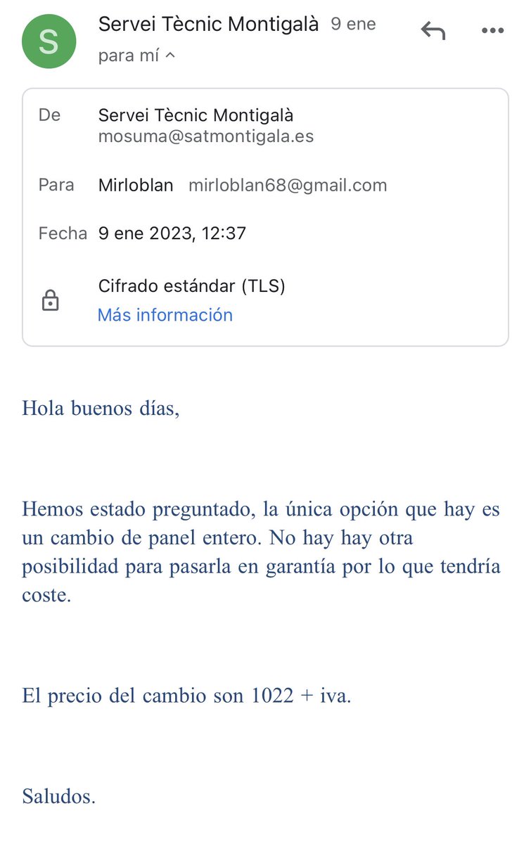 ¿Es normal que una pantalla de TV Led FullArray de más de 1600 euros se averíe en 26 meses?

Pues eso me ha pasado con una #Sony #Bravia de 75”, dos meses después de la garantía de dos años

En Foro @SonyEspana me dirigen a SAT oficial que me ofrece una reparación de +1200€!!