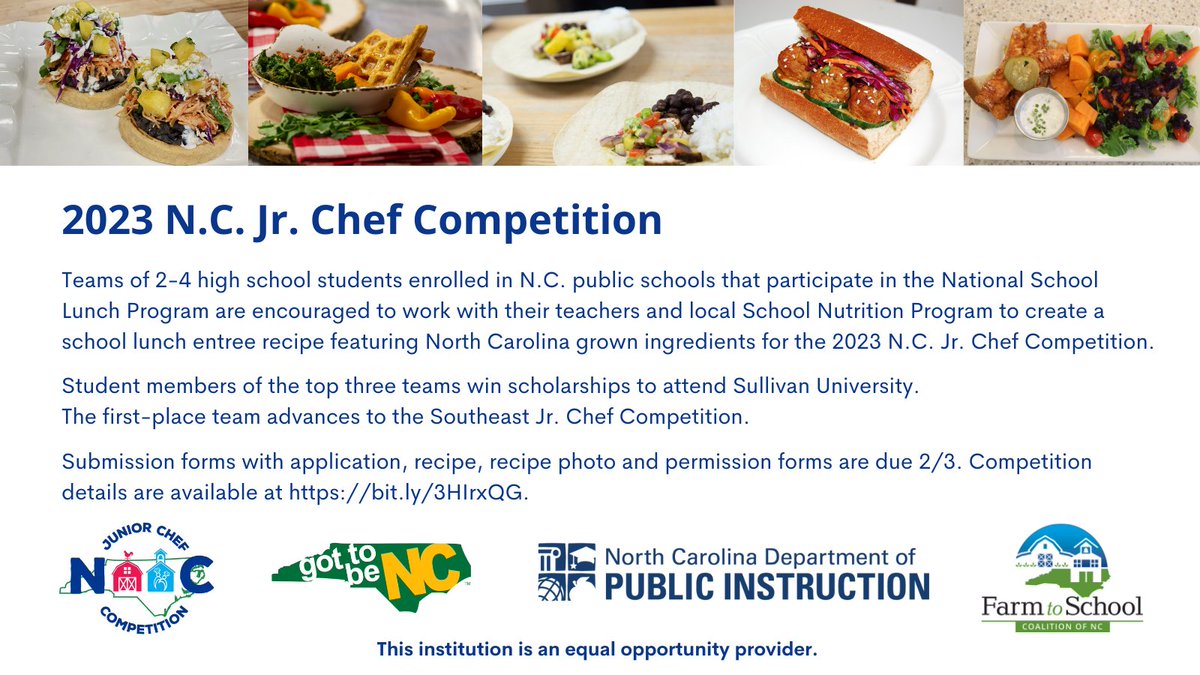 ncschoolmeals's tweet photo. Announcing the 2023 #NCJrChef Competition! NC HS students can work with their teachers &amp; School Nutrition Program to create a school lunch entree with NC-grown ingredients for a chance to win scholarships. Applications with recipes are due 2/3. Learn more: https://t.co/YVqhHwx2Uw https://t.co/htfJFX4gGw