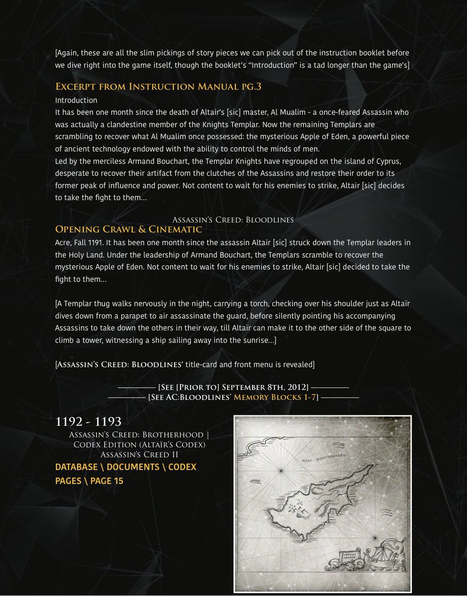 It’s #Altaïr’s 858th bday today, but remember his handheld outings on #DS &amp; #PSP? I pulled what little we can learn of his life from the instruction manuals for #AssassinsCreed #AltaïrsChronicles and #Bloodlines, but does anyone still have their manual for #ACIIDiscovery on DS???