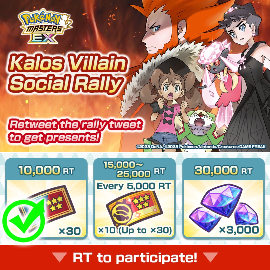 PokemonMasters's tweet image. The Kalos Villain Social Rally’s first fantastic reward is all yours!

We’ve reached 10,000 combined RT, so everyone gets thirty 5★ Kalos Scout Tickets!

Everyone will get 3,000 gems once we get to 30,000 RT—so RT the tweet below to join the rally!

#PokemonMasters