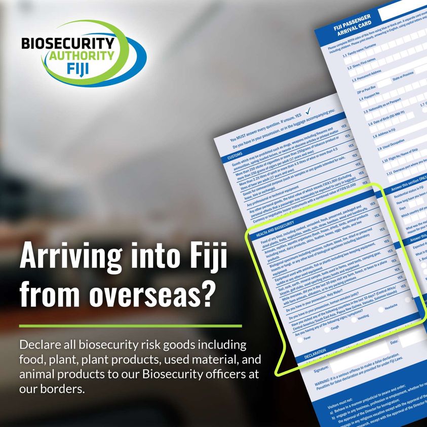 BAF_Fiji's tweet photo. Our laws require everyone arriving into #Fiji from overseas to declare all biosecurity risk goods including food, plant, plant products, used material, and animal products to our #Biosecurity officers at our borders.

Read more:https://t.co/BdGqOqHhb2

#BAF #TeamFiji https://t.co/BJ2UvK7stZ