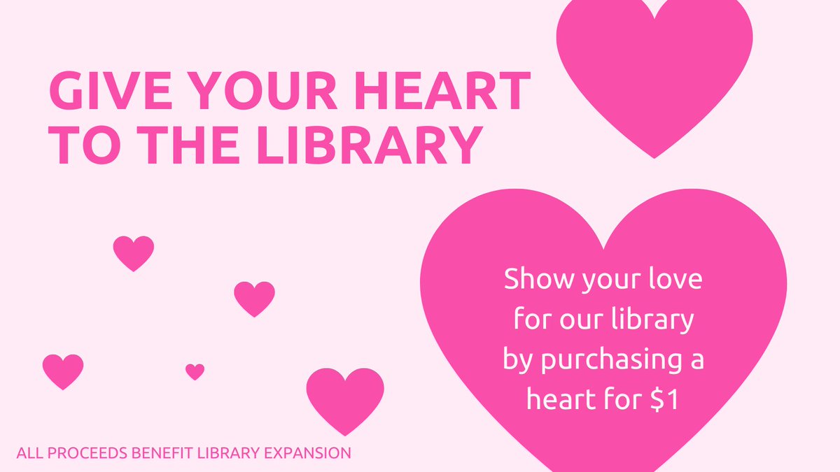 Valentine's Day is just around the corner. Show your love for our library by covering our windows with hearts. ❤️💜🤍❤️💜 Purchase a heart $1 and write your own message on it.  We'll even let you tape it on the window!  All proceeds benefit library expansion.   #hohenwald