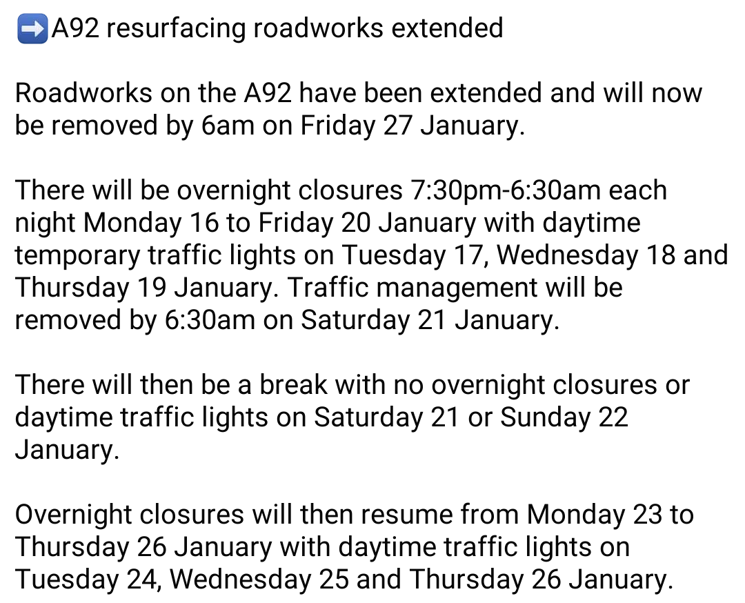 LuthrieG's tweet photo. Roadworks extended near Moonzie junction on A92. https://t.co/N4HzCd9IZl