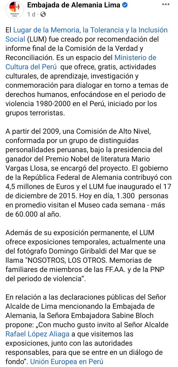 LaSalitadelSin's tweet photo. 🔴 Embajada de Alemania 🇩🇪 en Perú RESPONDE a Rafael López Aliaga, alcalde de Lima, por sus declaraciones sobre el Lugar de la Memoria (LUM) https://t.co/cS5cXDjjKu