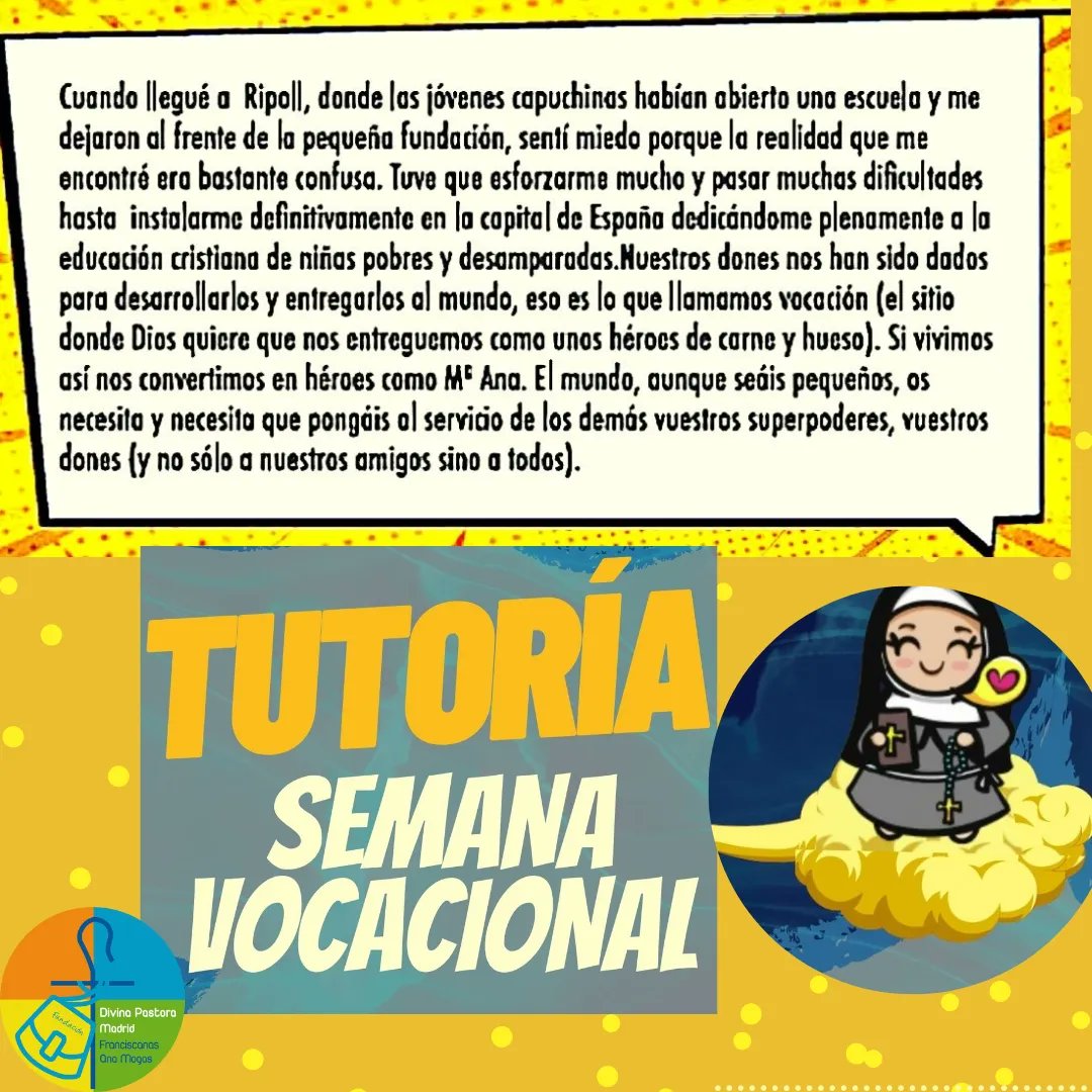 divpasmad's tweet image. Hoy hemos celebrado la #Tutoría de la #SemanaVocacional, en la que hemos reflexionado a través de actividades por etapas sobre &quot;superpoderes&quot; y #vocaciones individuales y recordado aspectos de la vida de #MaríaAnaMogas como nuestro gran ejemplo.

divinapastoramad.com/2023/01/10/sem…

#atulado
