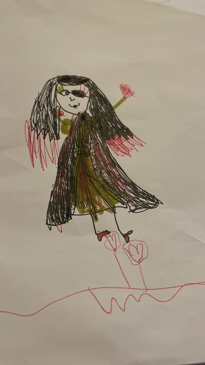 My 5 yo drew BIBI. Not sure about the frock but the eye patch is spot on #BadSisters