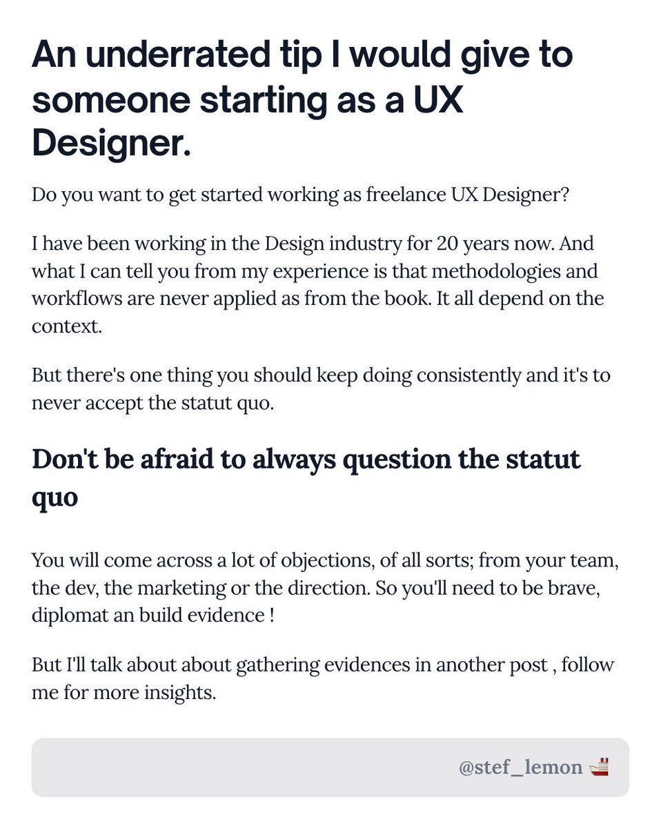 stef_lemon's tweet photo. Are you starting as a UX Designer? 
Here's one tip from me to you. https://t.co/zbOaCpE0TU