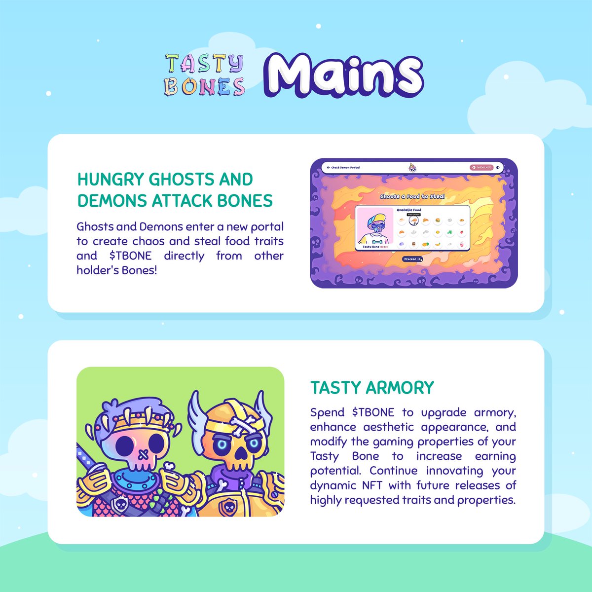 Introducing our MAINS:

- Tasty Armory 🛡️ 
- Hungry Ghosts &amp; Demons ATTACK! 😈 

From trait upgrades to creative lore, we're focused on building the best product for our holders.

Join the TastyBone family: discord.gg/tastybonesnft
