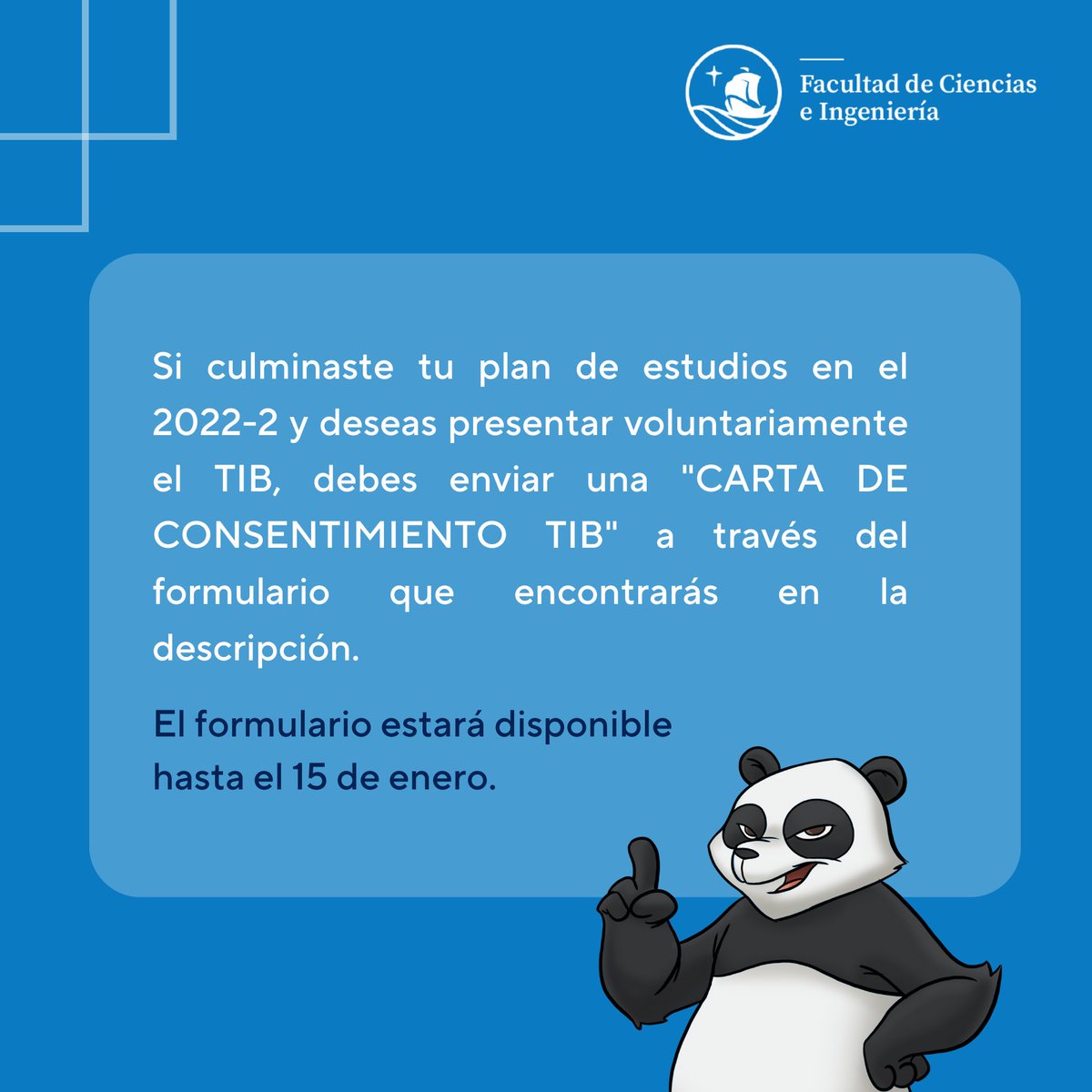 fcipucp's tweet photo. Si culminaste tu plan de estudios en el 2022-2 y quieres ser exonerado de Idioma Extranjero y de Trabajo de Investigación para Bachillerato (TIB) o, por el contrario, deseas presentarlo, completa el siguiente formulario hasta el 15 de enero: 
https://t.co/DPvrLORVyn https://t.co/OsNrtCh6Oc