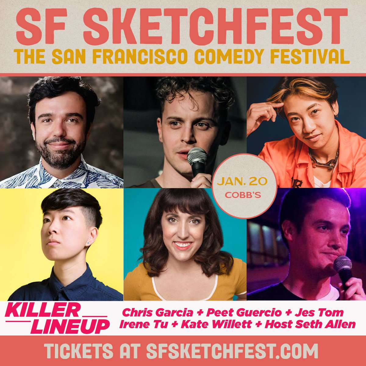 CobbsComedyClub's tweet photo. Watch out ⚠️ This is one #KillerLineUp from @sf_sketchfest coming to Cobb's on January 20 🦈

Where else can you see @_chrisgarcia, @peetguercio, @jestom, @irene_tu, @katewillett, and #SethAllen 🏖️

Tickets still available at https://t.co/s5GKMR8y8U 🎫 https://t.co/vTKNFpZc7X