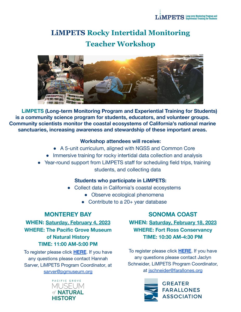 limpetsnews's tweet photo. 9th-12th grade teachers! The LiMPETS programs in SF and Monterey Bay are hosting rocky intertidal trainings for teachers who would like their students to participate in this 20+ year community science program! Link in Bio.
#limpetsmonitoring #citizenscience #scienceteacher https://t.co/mb53Z6jybE