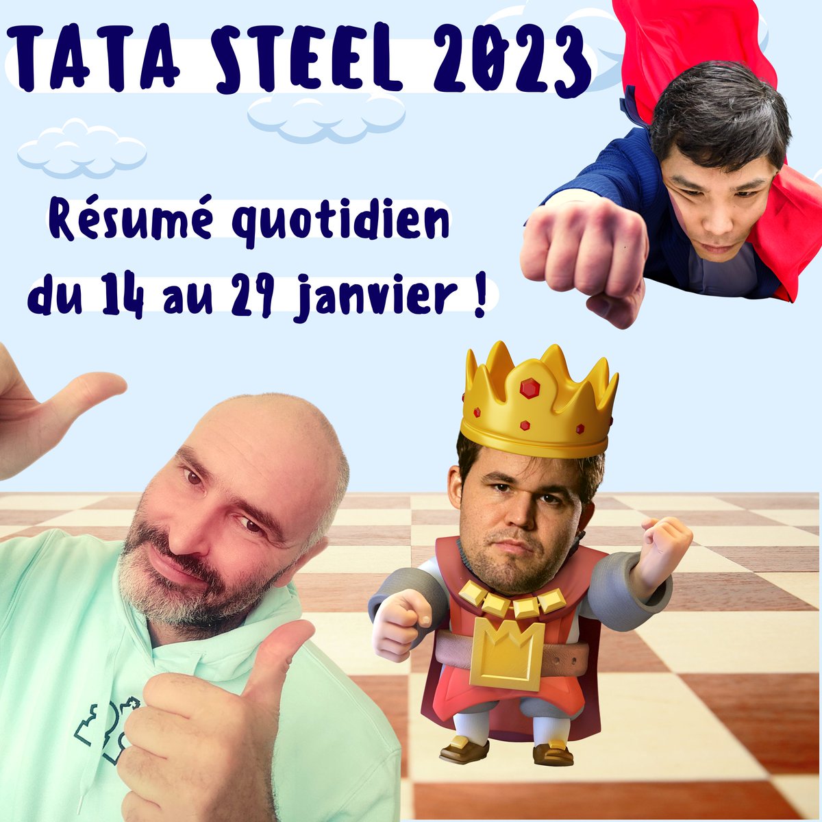 MarcQuenehen's tweet photo. Le grand tournoi Tata Steel 2023 débutera le 14 janvier. Chaque jour, je vous ferai une émission quotidienne pour suivre cet évènement ⭐⭐⭐⭐ ! 
#tatasteel  #TataSteelChess  #TataSteel2023 #tatasteelchess2023 #Echecs  #échecs #chess https://t.co/TOsvM2dUCm