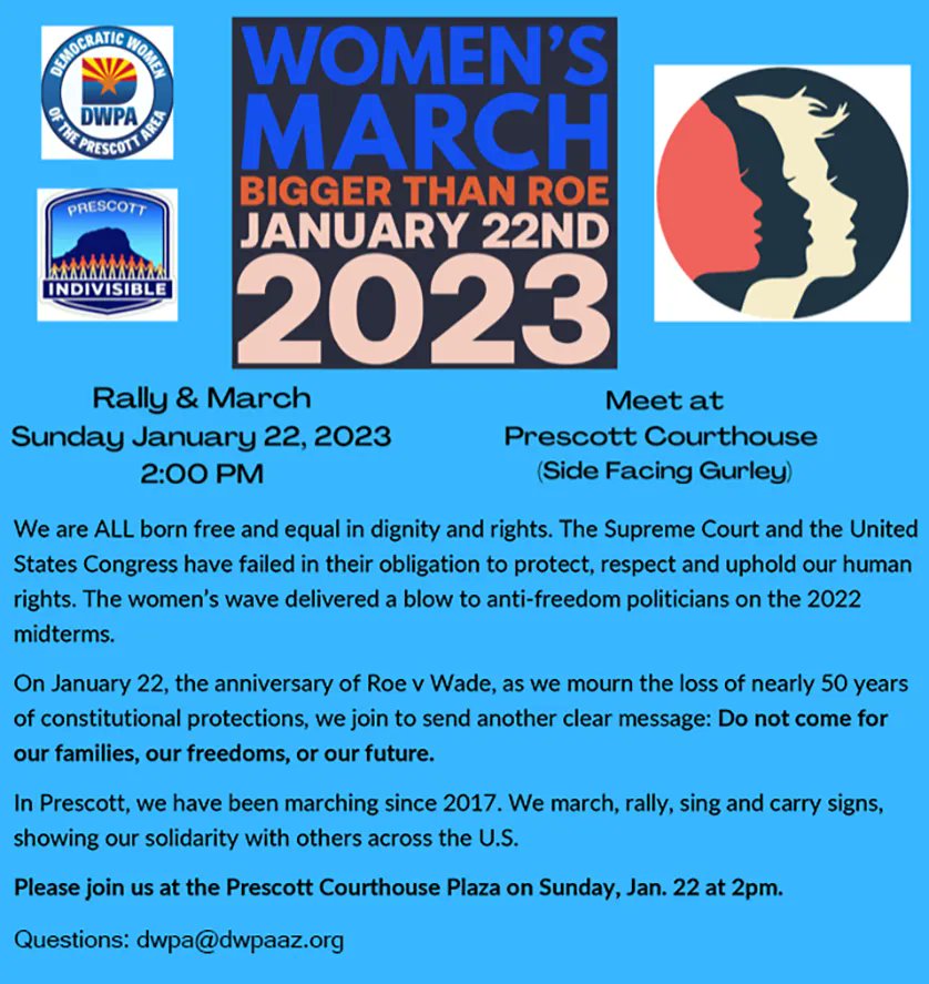 IndivisPrescott's tweet photo. Save the Date!

Prescott Indivisible is working with @dwpaaz in #Solidarity with @womensmarch to help support this year's #WomensMarch &amp; Rally! 

Join us on Sunday, 1/22 @ 2pm on the #PrescottAZ Courthouse Square as we rally to protect #WomensRights. See you there! https://t.co/X8fYWFgtmC