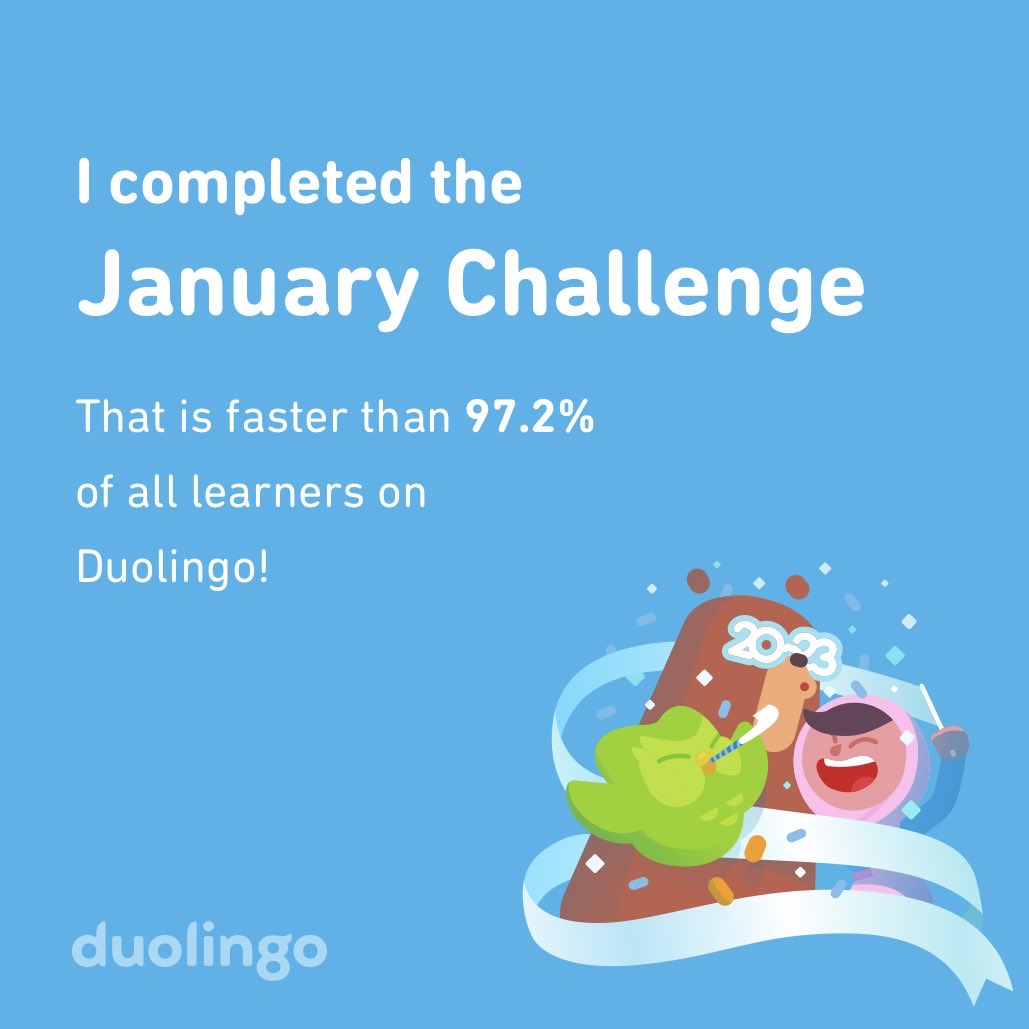 MiaStranberg's tweet photo. I completed the January challenge faster than 97.2% of all learners on Duolingo! https://t.co/LH8u9VTPu5